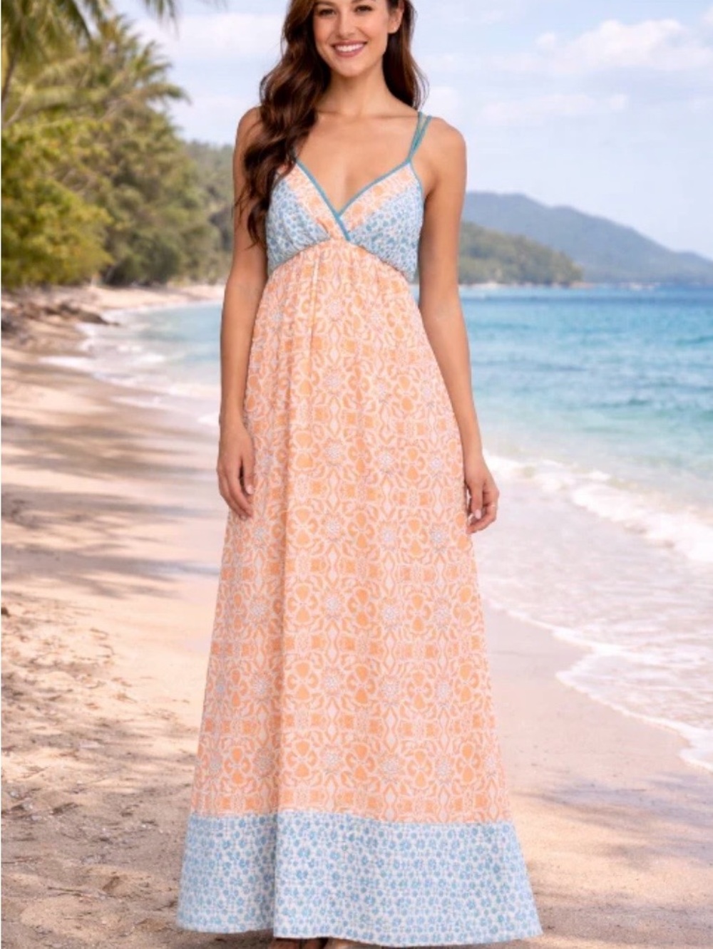 Love Stitch Sky Blue & Peach Printed Maxi Dress Medium